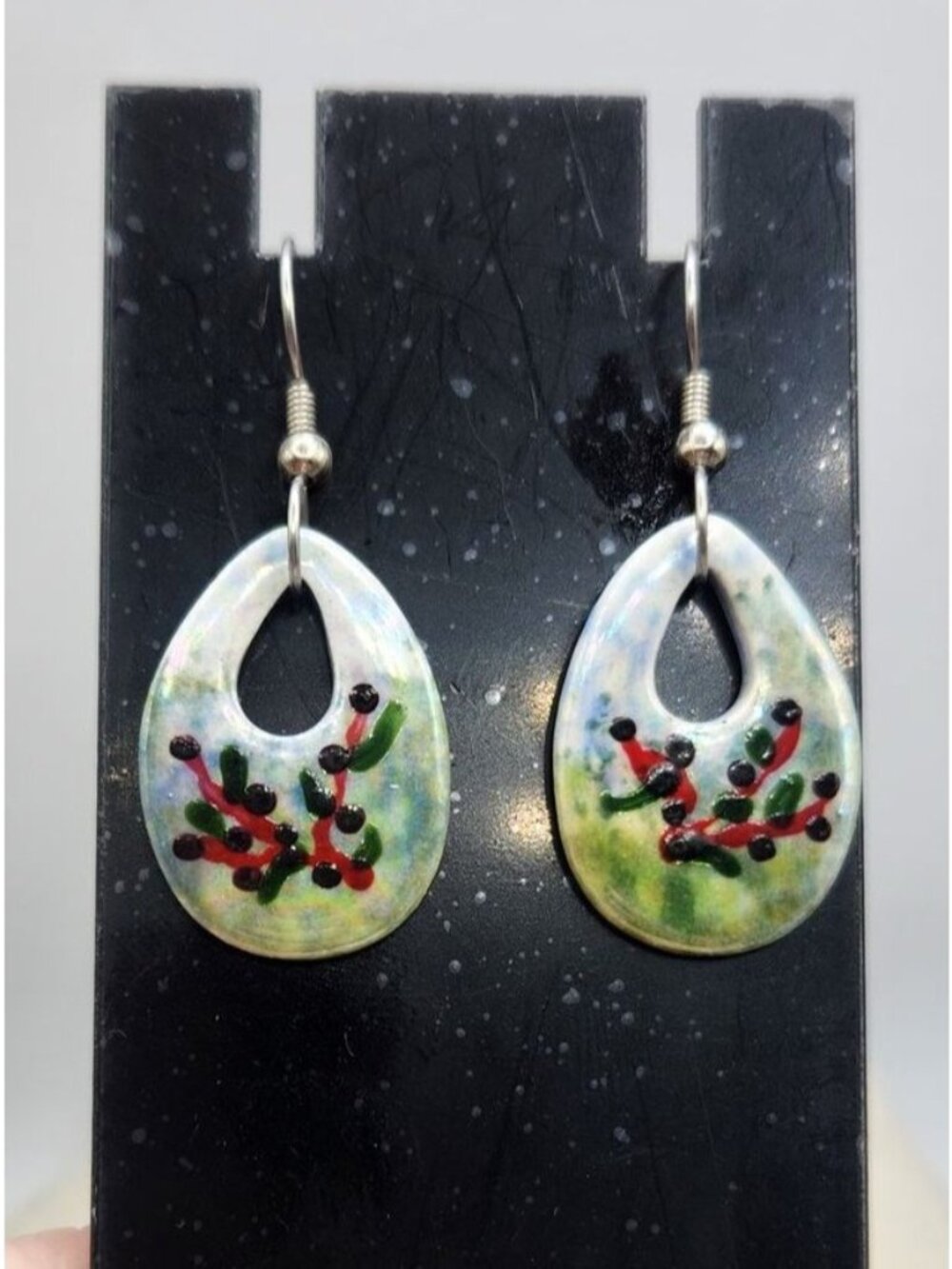 Pear Shaped Ceramic Dangle Earrings - Pale Green With Holly Brance Design